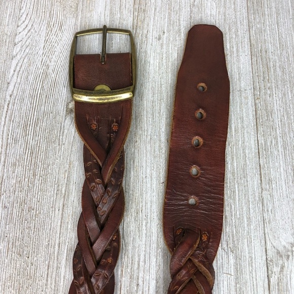 Brown Leather Braided Floral Stamped Belt